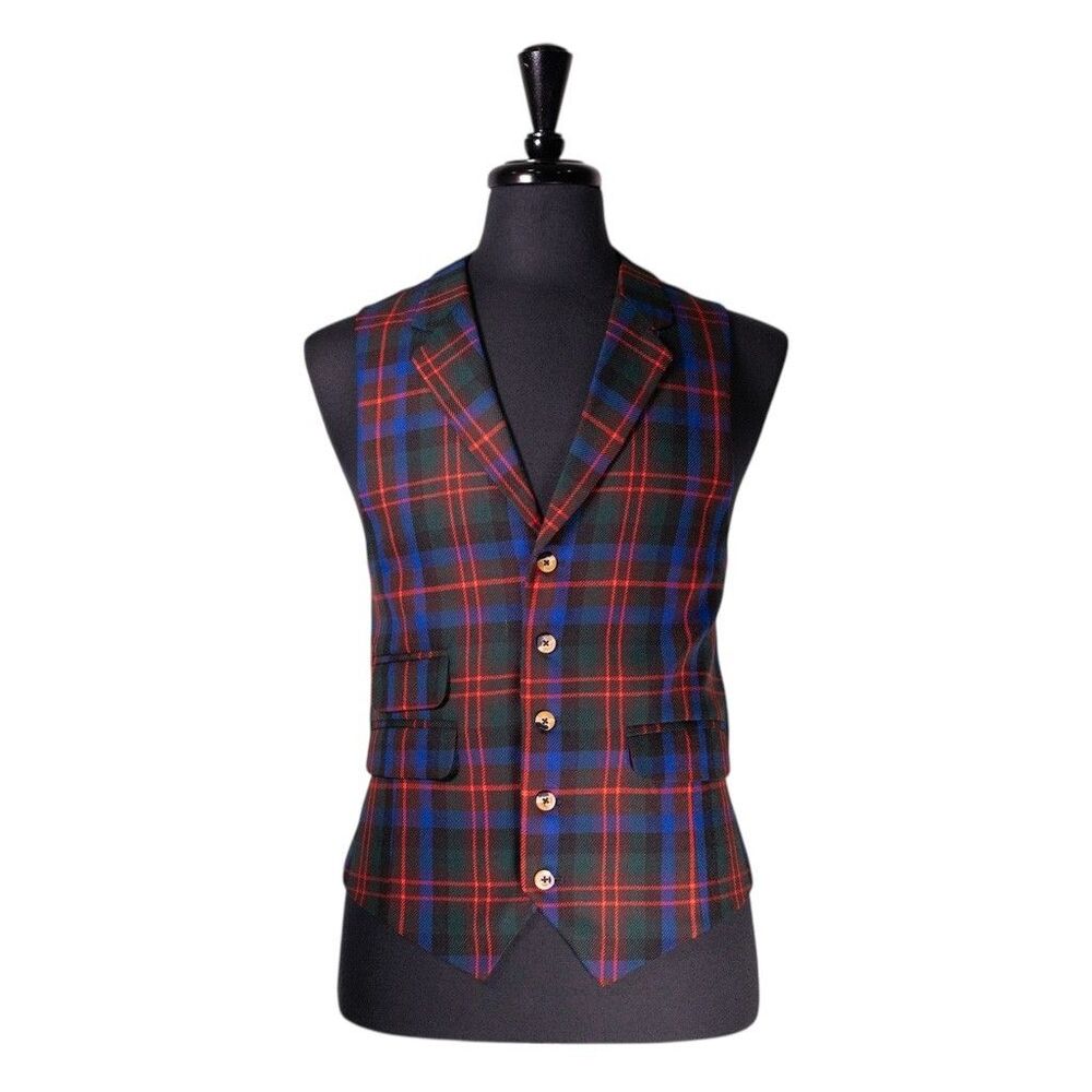Mens 42R Wool Vest Blue Red Green Tartan Plaid Waistcoat Formal Wedding Party